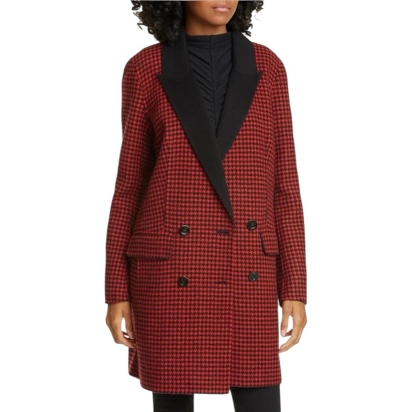 Veronica Beard Senna Wool Cashmere Red Black Houndstooth Double Breasted Coat - Picture 2 of 15